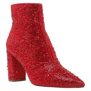 Betsey Johnson Womens Red SB Cady Beaded Bejeweled Ankle Booties Size 7M